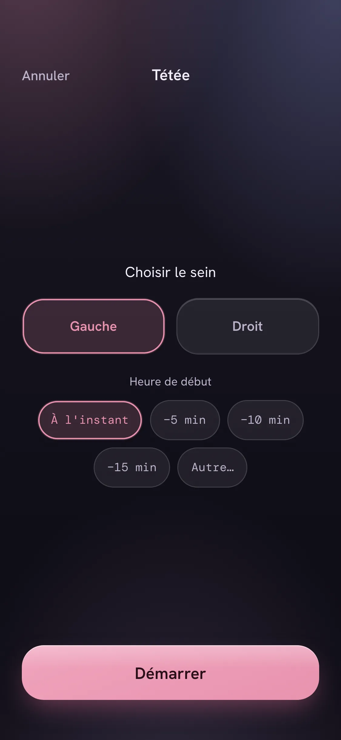 ark.baby — Écran de saisie d'une tétée
