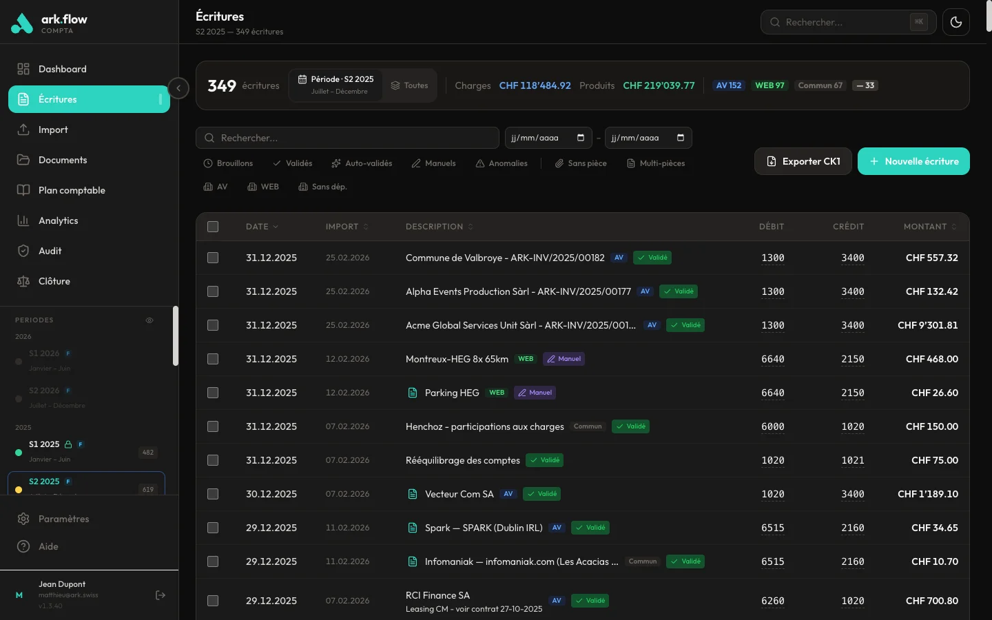 ark.flow compta — Écritures comptables avec classification IA