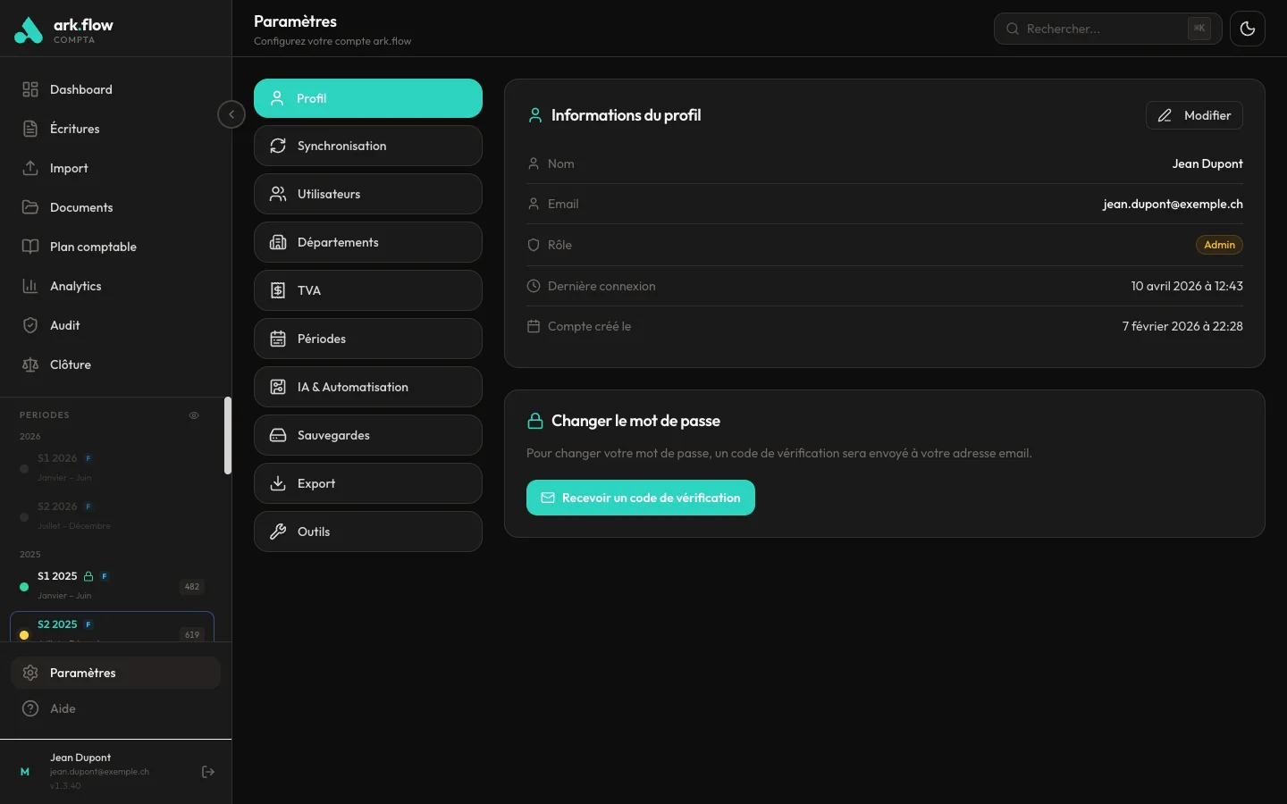 ark.flow compta — Paramètres et modules