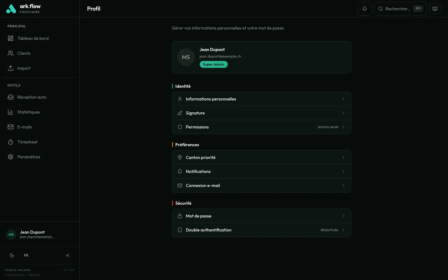 ark.flow fiduciaire — Profil utilisateur et préférences
