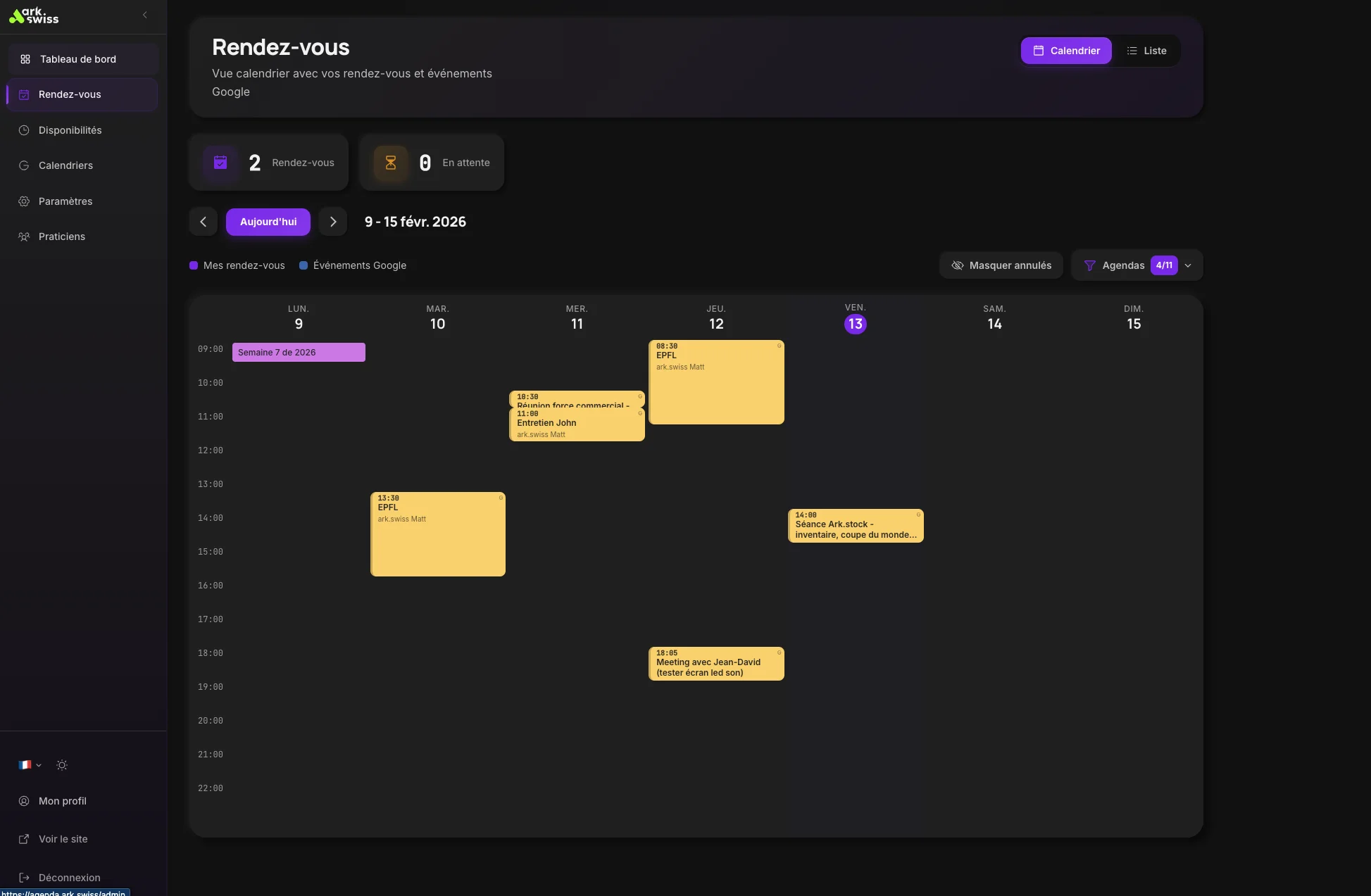 ark.plan - Vue split-view des rendez-vous