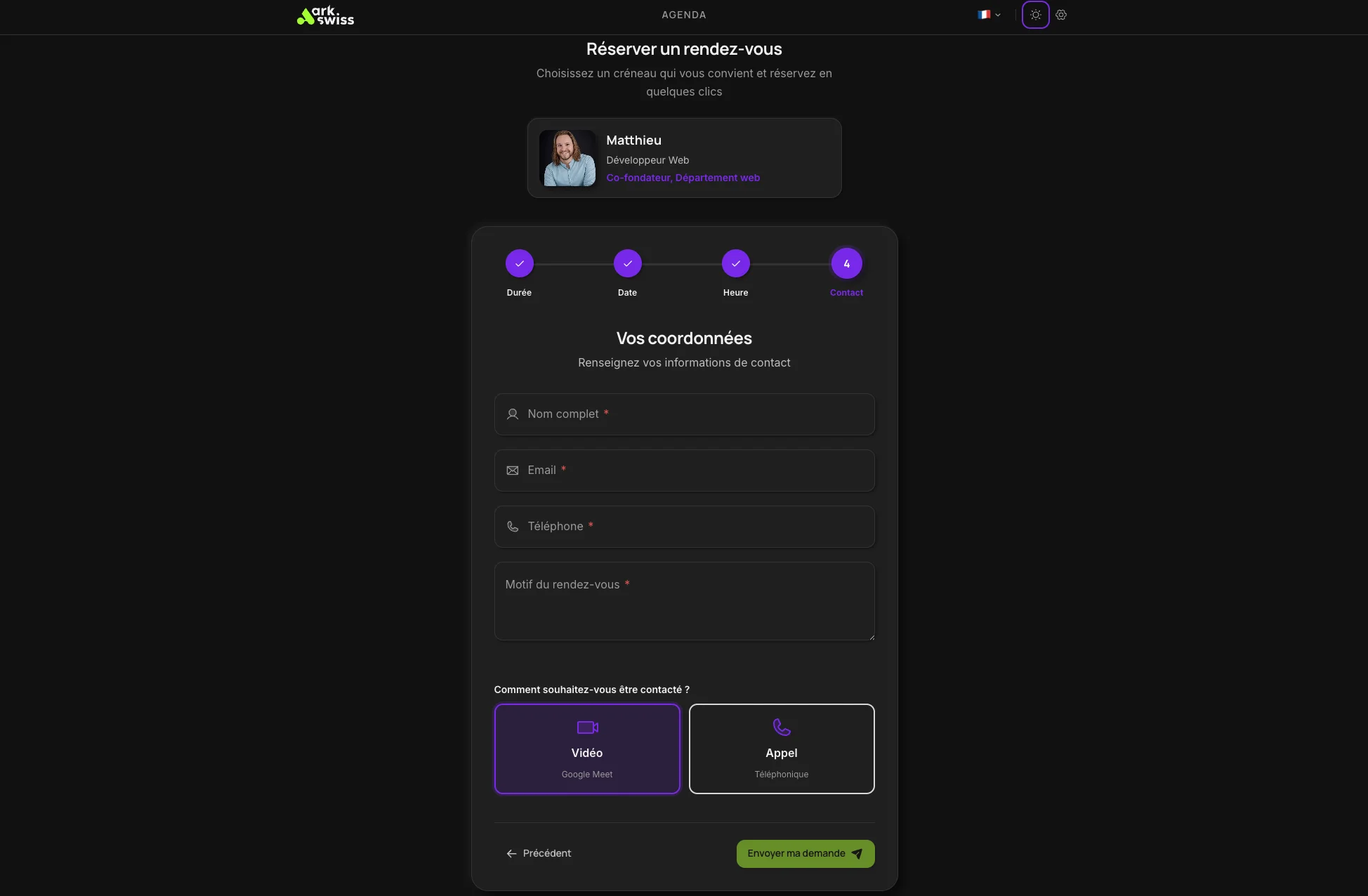 ark.plan - Formulaire contact + type de RDV