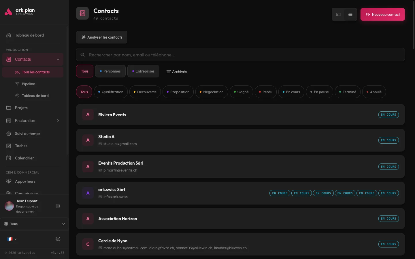ark.plan — CRM avec contacts unifiés et filtres avancés