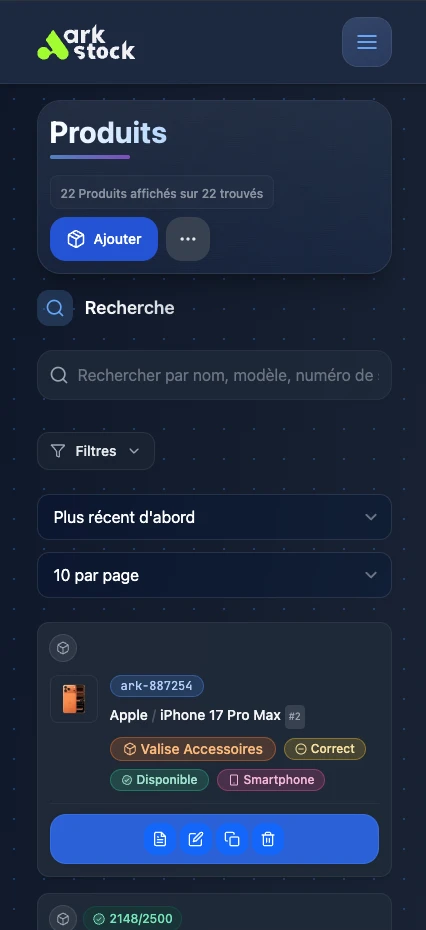 ark.stock - Liste produits mobile