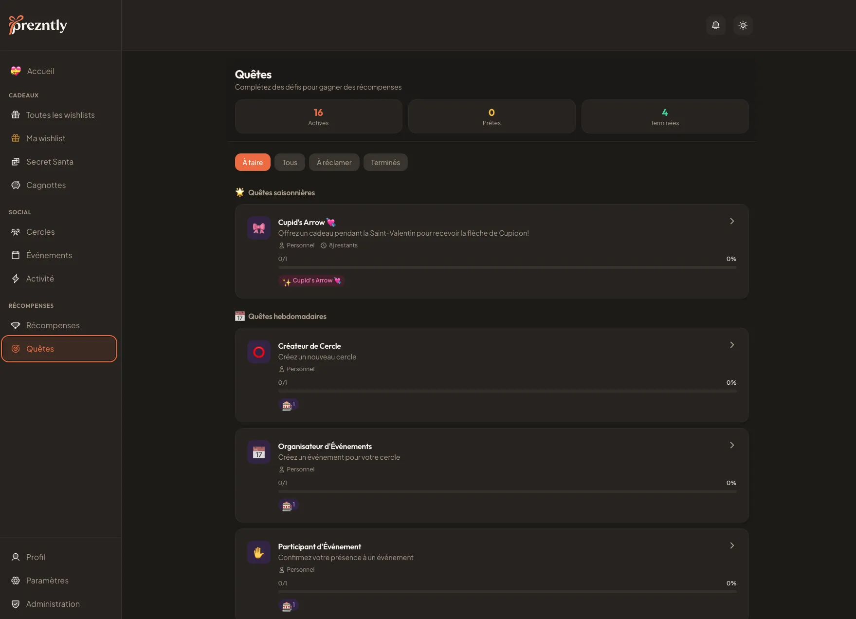 Prezntly - Quêtes et récompenses